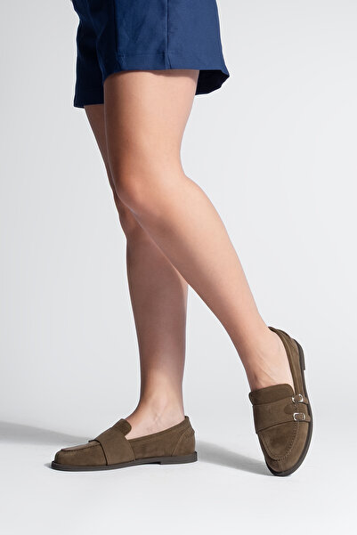 Marjin Women's Loafer Moccasin Buckle Casual Shoes Ovora Brown Suede