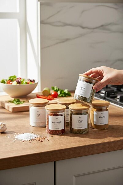 ANJEAHOME Novi 6-Piece 300 ml Glass Spice Jar Set |   Bamboo Lid & Label Included |   Healthy & Minimalist