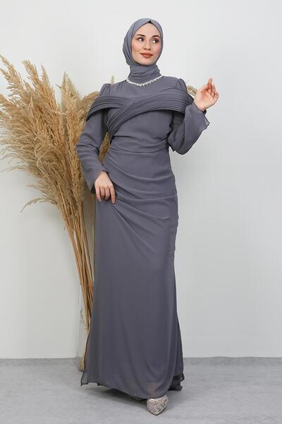 GİYZAMİLA Açangül Chiffon Evening Dress Dark Gray