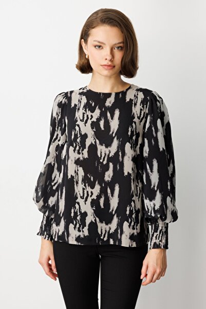 Ekol Balon Kol Desenli Şifon Bluz