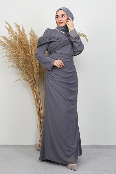 GİYZAMİLA Açangül Chiffon Evening Dress Dark Gray