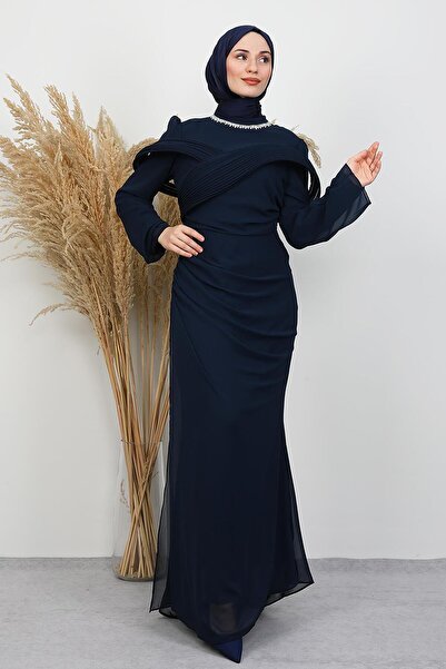 GİYZAMİLA Açangül Chiffon Evening Dress Navy Blue