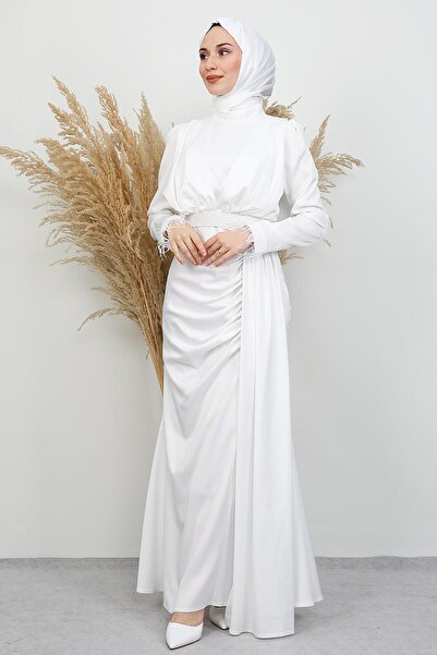 GİYZAMİLA Feathered Satin Hijab Dress White