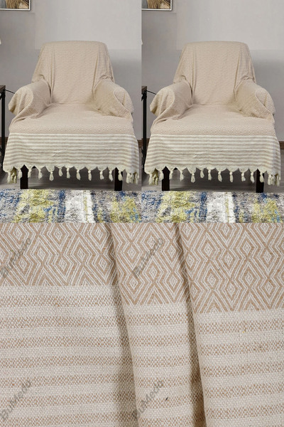 Bumedo Buldan İşi Cotton 2-Piece Armchair Cover Set 180X150 cm - Woven Fabric Covering the Arms - Vi̇zon (Mink)