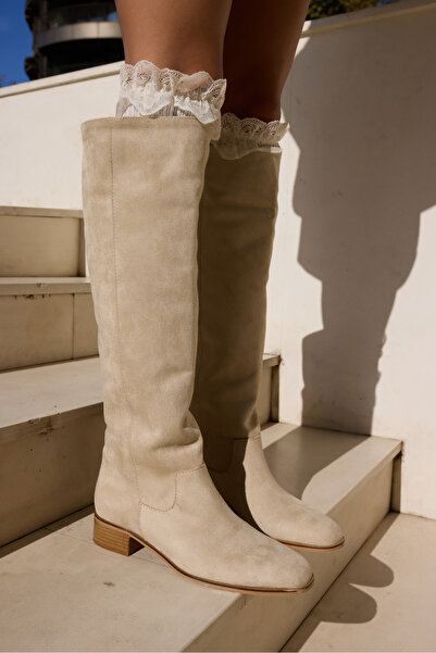 ANGELİNA JONES Tarella Women's Beige Suede Long Boots