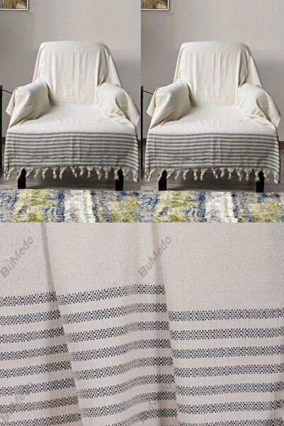 Bumedo Buldan İşi Cotton 2-Piece Armchair Cover Set 180X150 cm - Woven Fabric Covering the Arms - Cream Gray