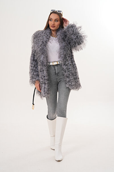 NAVY Midi Length Long Fur Belted Leopard Shawl Collar Coat