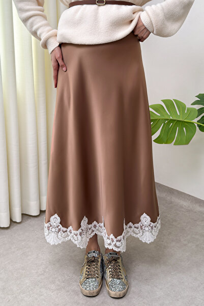 Salih Çelebi Dantel Detaylı Saten Etek 0038 - CAMEL