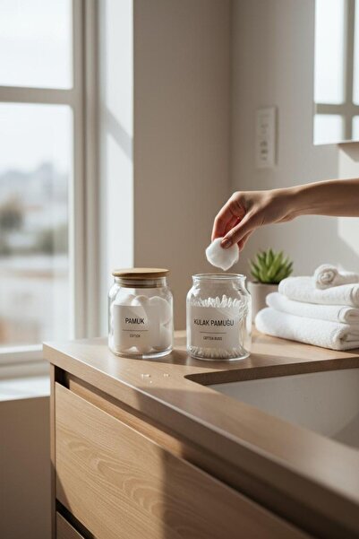 ANJEAHOME Baco 2-Piece Glass Bathroom Set | Bamboo Axe | 300 ml Cotton & Cotton Swab Jar | Organizer Set