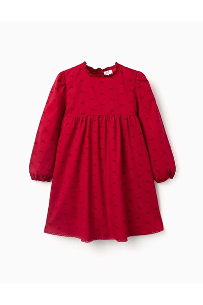Ziddy Long sleeve twill dress with velvet bow motif for girls, red