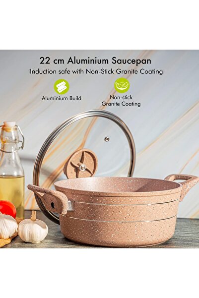 ROYALFORD 22 cm Granite Smart Casserole with Glass Lid, Beige, RF9467BGE