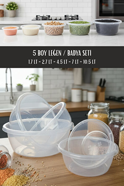 ELDİPA 5-Piece Multi-Purpose Transparent Round Basin Set Dish, Dough Basin (1.7-2.7-4.5-7-10.5Lt) Bpa Free