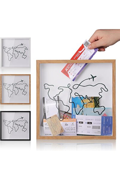 Generic MUXIUNT Travel Keepsake Shadow Box - World Map & Airplane Design, Ticket Slot, White, 30x30 cm
