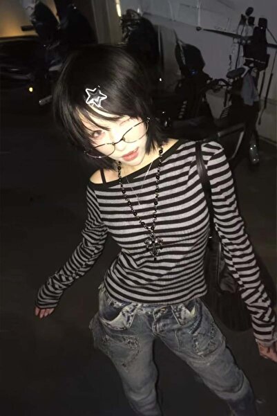 harmony factory Crop cu mânecă lungă Y2K cu dungi negru gri