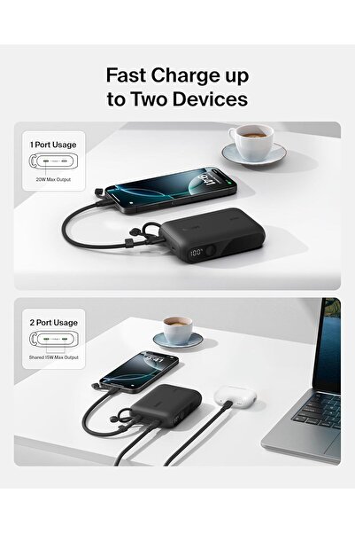 Belkin 10000mAh Slim Power Bank 20W Fast Charging 2 USB C Ports Digital Display Portable Charger