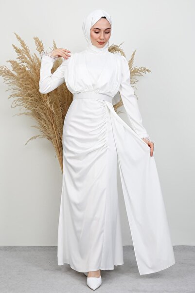 GİYZAMİLA Feathered Satin Hijab Dress White