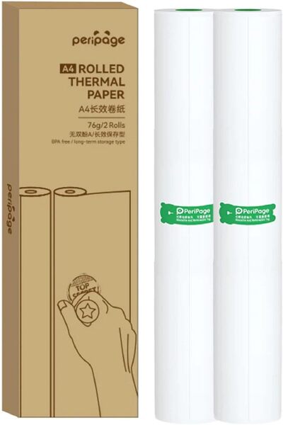PeriPage A4 Thermal Printing Paper Roll 210×30mm, 2 Rolls (20cm) – 10-year Thermal Paper