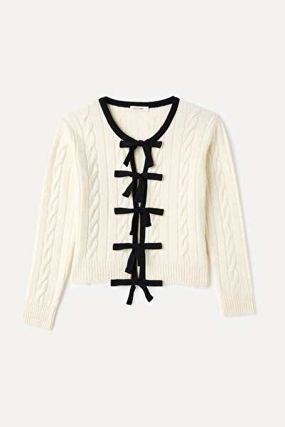 Mudo Knitted Cardigan with Bow Tie and Patterned Design