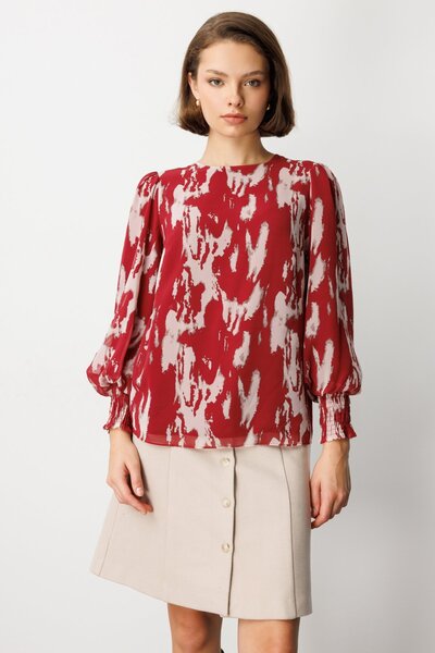 Ekol Balon Kol Desenli Şifon Bluz