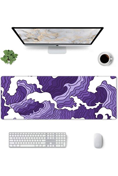 Generic XL Japanese Wave Gaming Mouse Pad with Stitched Edge, 80x30 cm (Purple & White)