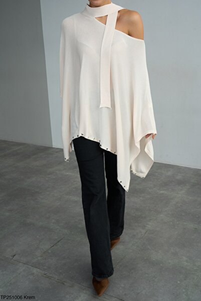 MODAMERSİ Women's Ecru Scarf Open Shoulder Oversized Poncho Sweater