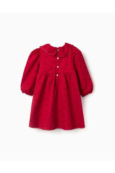 Ziddy Long sleeve twill dress with velvet bow motif for baby girls, red