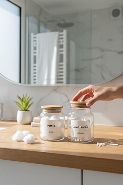 ANJEAHOME Baco 2-Piece Glass Bathroom Set | Bamboo Axe | 300 ml Cotton & Cotton Swab Jar | Organizer Set