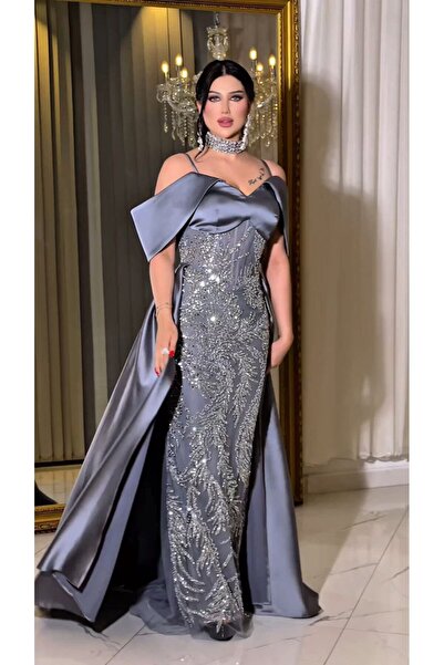 Zena Fashion Kraliçe Stili Kristal Baskı Pelerinli Abiye