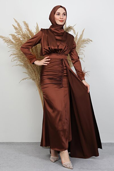 GİYZAMİLA Feathered Satin Hijab Dress Bitter Brown