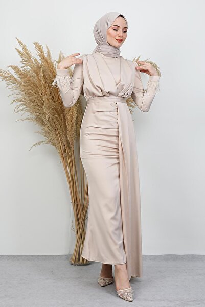 GİYZAMİLA Feathered Satin Hijab Dress Cream
