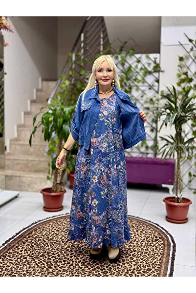 Punta Otantik NC25001 İtalyan Kadife Çiçekli Elbise Ceket Takım Mavi