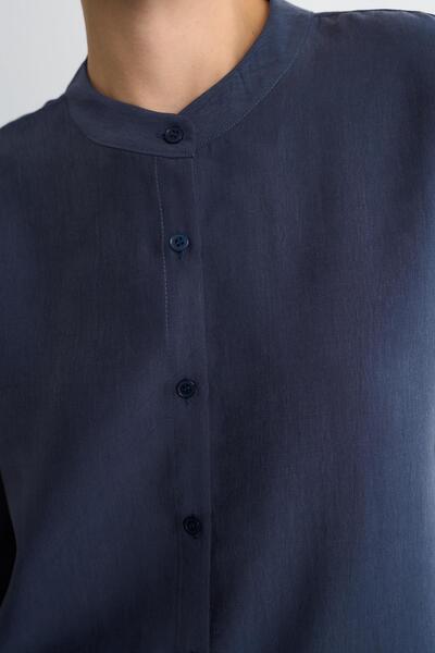 Zeyyen MANDARİN YAKA CUPRO GÖMLEK LACİVERT