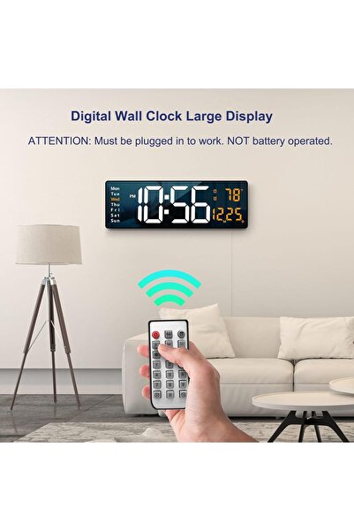 Armasse Remote Controlled Large Hd Led Display Digital Desk Wall Clock with Thermometer, Date and Alarm Orange