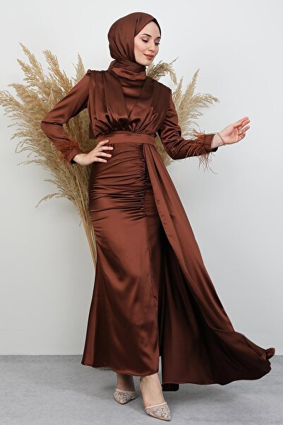 GİYZAMİLA Feathered Satin Hijab Dress Bitter Brown