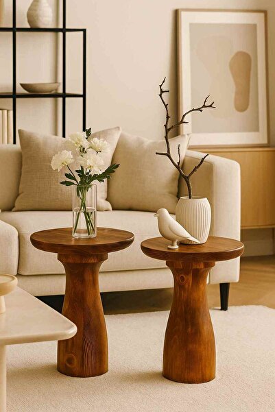Simillo Home&Living Meşe Renk 2’li Masif Ahşap Yan Sehpa – Dekoratif Zigon Ta...