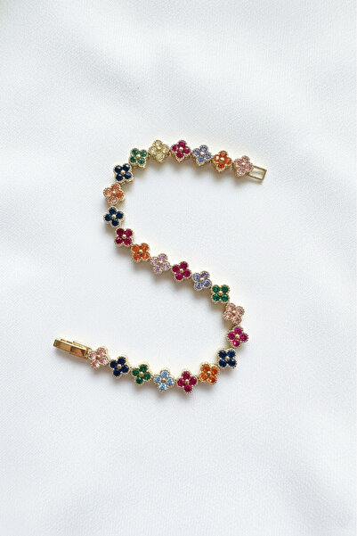 özgül takı ve tasarım Stainless Steel Gold Color Colorful Enamel Clover Model Women's Bracelet