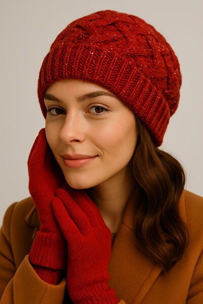 SİSTEM PELUŞ Elegant Knitted Patterned Silvery Beanie & Soft Textured Gloves Set - Winter Combination