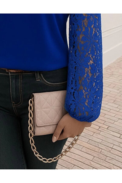 Butik Women's Long Sleeve Asymmetrical Collar Lace Imported Crepe Blouse