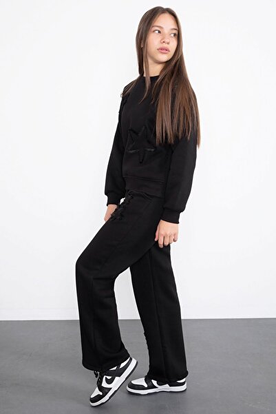 Cansın Mini Black Star Patterned Wide Leg Fleece-Lined Girls' Tracksuit Set 23361