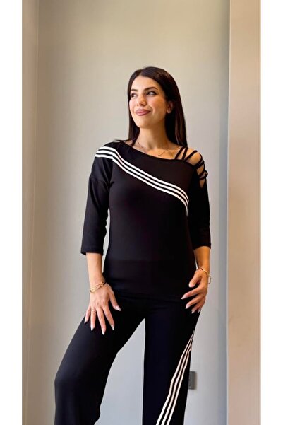 JANES Kadın Uzun Kollu Truvakar Kol Tek Omuz çapraz şerit Detaylı Ribanalı Vi...