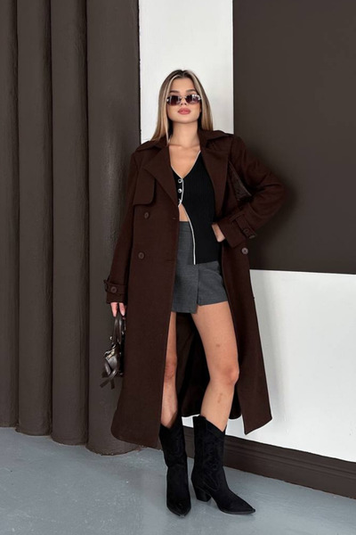 AKD Atelier Women's Coat Long Cashmere Belted Buttoned Pocketed Double Breasted Premium Coat