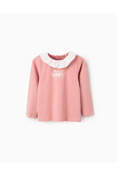 Ziddy Long sleeve T-shirt with print and ruffled collar for girls, pink