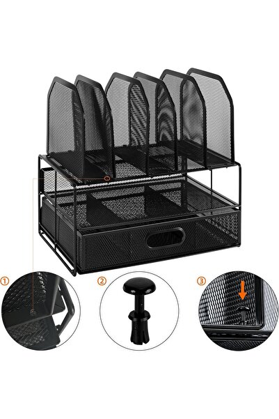 Amazon basics Mesh Desk Organizer with Sliding Drawer, Double Tray and 5 Vertical Sections, Black