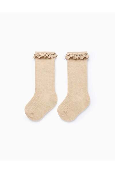 Ziddy Ribbed High Socks with Crochet for Baby Girls, Beige