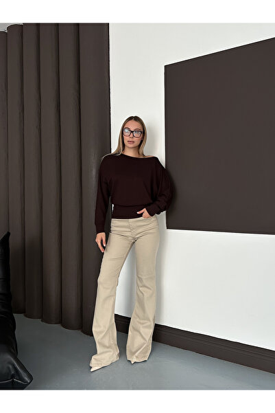 MODAMERSİ Women's Brown One Shoulder Batwing Sleeve Modal Fabric Blouse