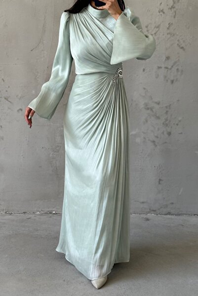 leyuze Volan Kol Drapeli Janjan Tesettür Abiye Su Yeşili