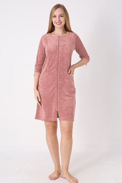 İntensive Milk Coffee Zippered Pocket Lace Detailed Cotton Towel Three Quarter Sleeve Dress