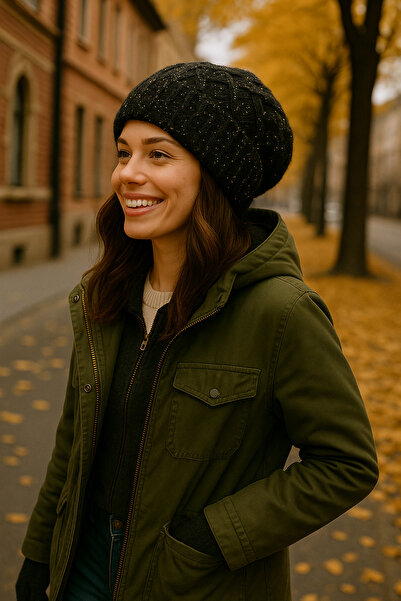 SİSTEM PELUŞ Elegant Knitted Patterned Silvery Beanie & Soft Textured Gloves Set - Winter Combination