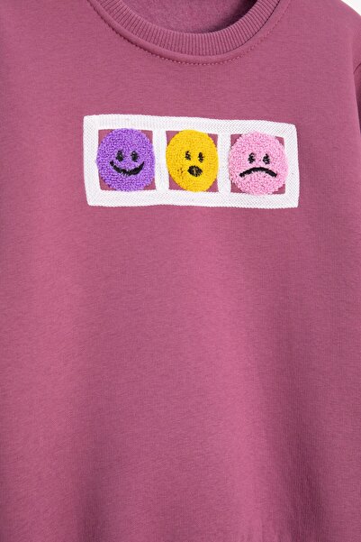 Cansın Mini Dusty Rose Smiling Face Embroidered Fleece-Lined Girls' Tracksuit Set 23359