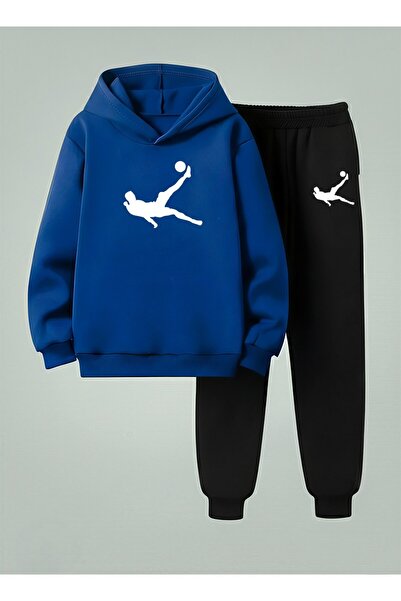 LORVEX Erkek Çocuk Kapüşonlu Takım TOPA ZIPLAYAN ADAM Baskılı 3 İplik Şardonlu Sweatshirt - Eşofman Takım